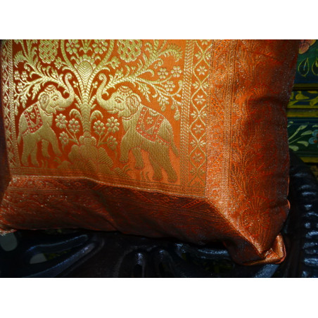 Fodera per cuscino 2 elefanti in colore arancione con bordo in broccato