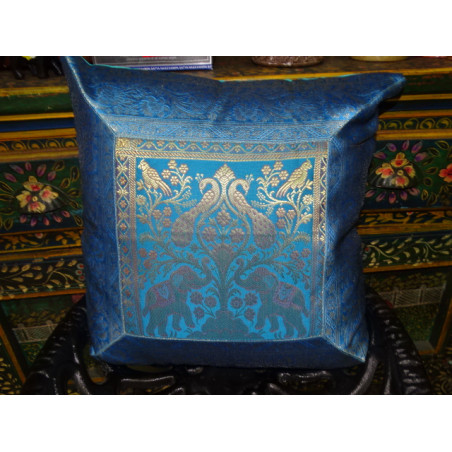 Cushion cover 2 elephants in turquoise color with a brocade edge