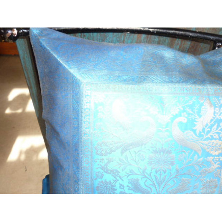 Housse de coussin 1 éléphants 40x40 cm turquoise bord brocart