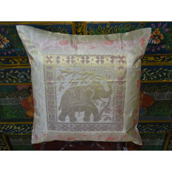 White cushion cover with 1 elephant and brocard