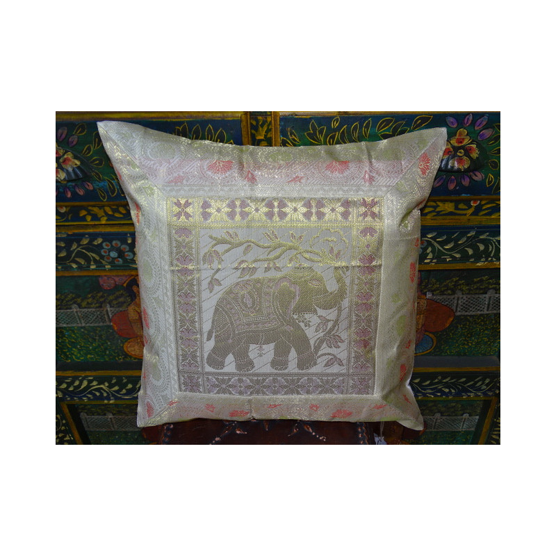 Housse de coussin de couleur blanche avec 1 éléphant et bord brocart