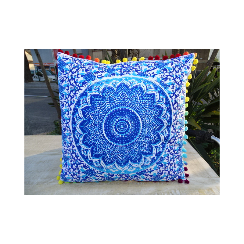Cushion covers 40x40 cm ultramarine and turquoise color with pompoms