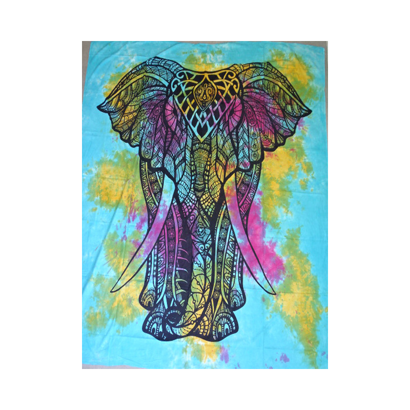 Katoenen wandkleed met ceremoniële olifant in turquoise kleur