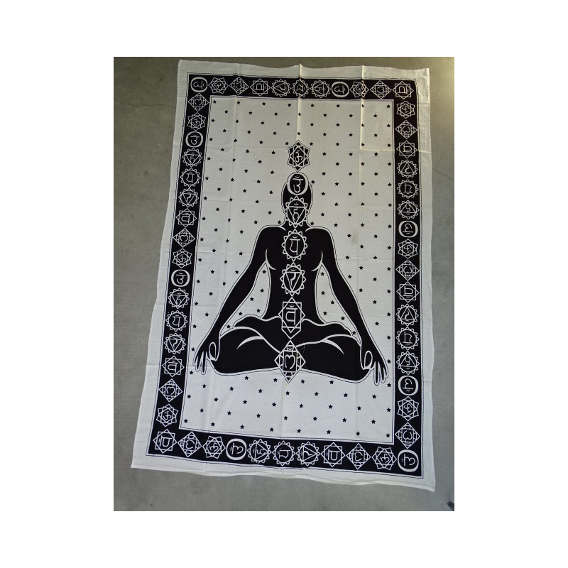 Tenture en coton ou tapis de yoga avec 7 chakra noir et blanc