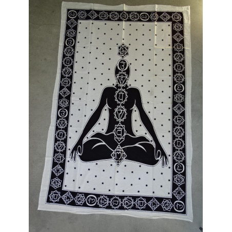 Colgante de pared de algodón o estera de yoga con 7 chakra en blanco y negro