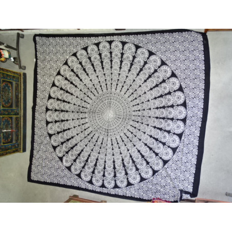 Cotton wall hanging or bedspread with black and white mandala