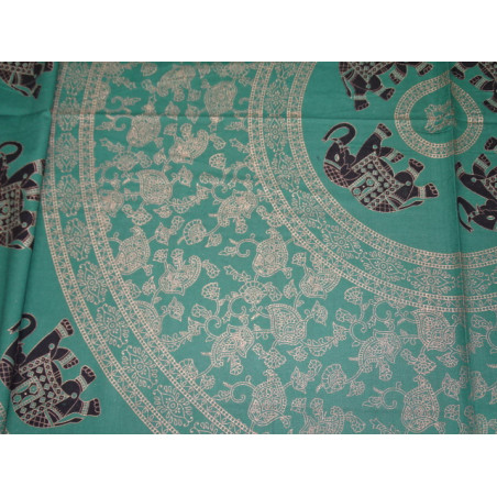 Cotton wall hanging or bedspread green with golden elephants