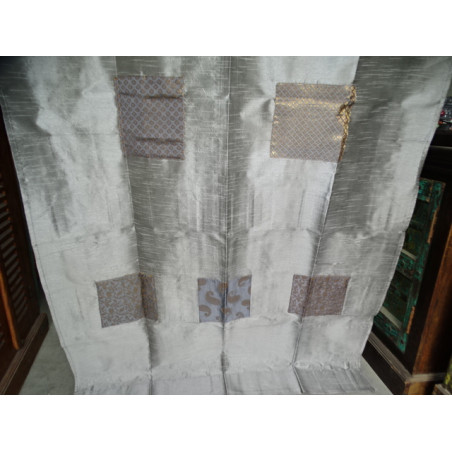 Grijze tafzijde gordijnen met patchwork band 250x110 cm