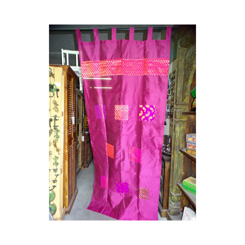 Fushia taffeta gordijnen met patchwork band 250x110 cm