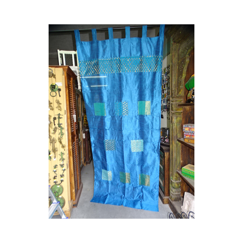 Turquoise taffeta gordijnen met patchwork band 250x110 cm