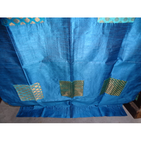 Turquoise taffeta gordijnen met patchwork band 250x110 cm