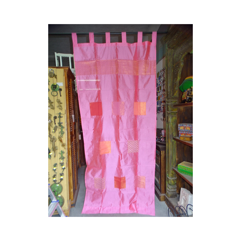 Cortinas de tafetán rosa con banda patchwork 250x110 cm