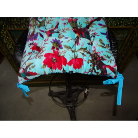 38x38cm Velvet Chair Cushion with Birds of Paradise - turquoise