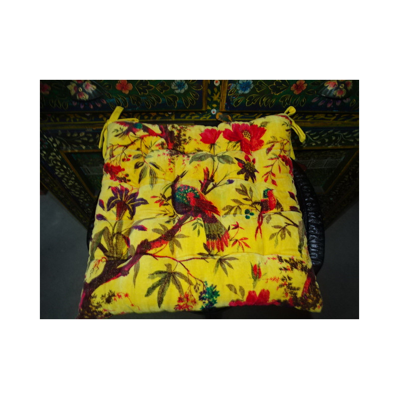 Galette velours 38x38 cm oiseaux de paradis - jaune