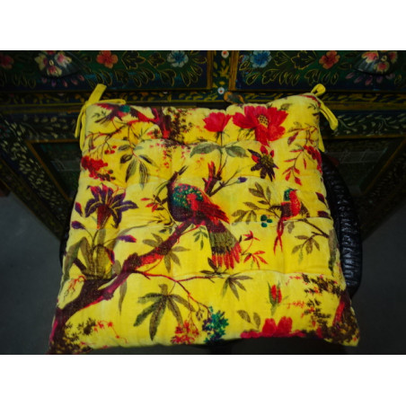 38x38cm Velvet Stuhlkissen mit Paradiesvögeln - gelb
