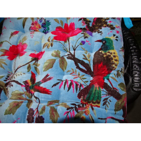 38x38cm Velvet Chair Cushion with Birds of Paradise - sky blue