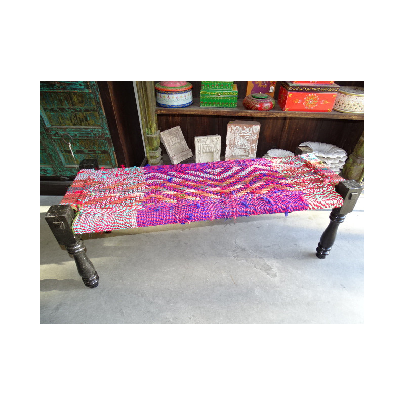 Long Indian bench with seat in multicolored twine rope - 1