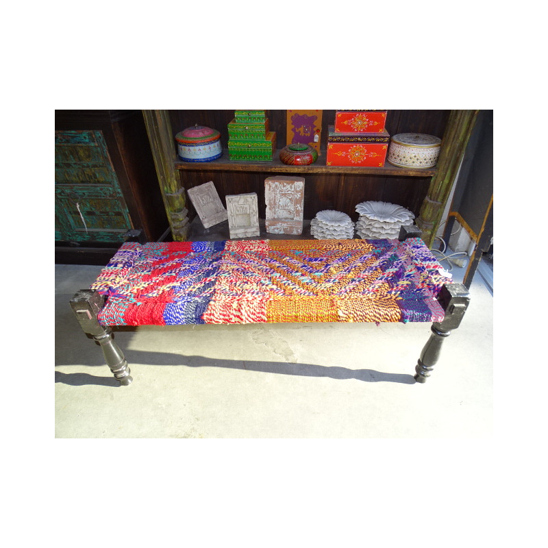 Long Indian bench with seat in multicolored twine rope - 3